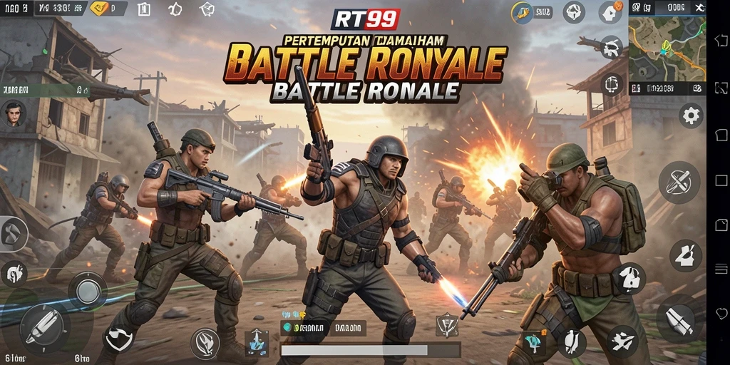 Screenshot gameplay RT99 dengan aksi Battle Royale yang intens.
