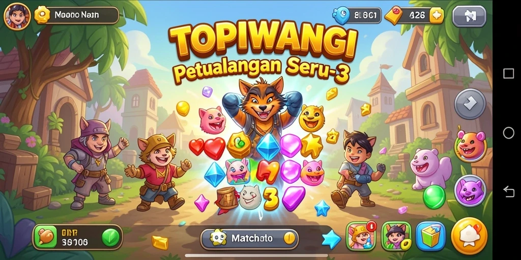 Tampilan screenshot game TOPIWANGI yang menunjukkan gameplay Match-3 yang seru.