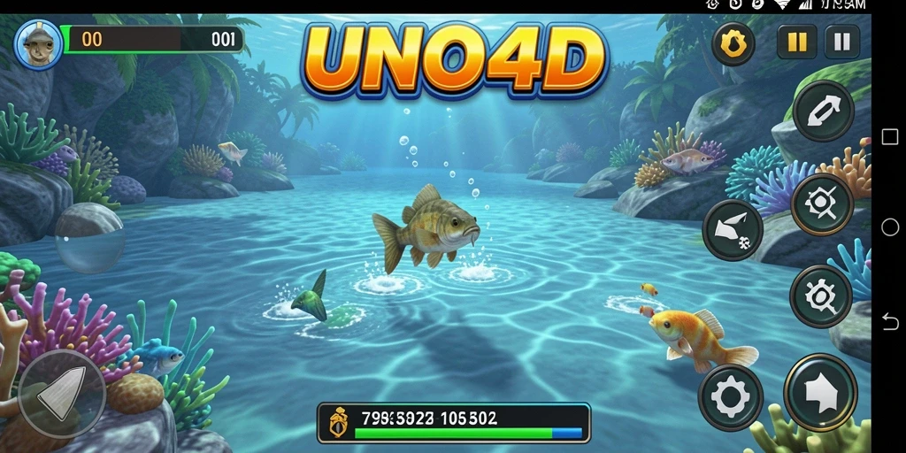 Screenshot gameplay menunjukkan pengalaman memancing yang mendebarkan di UNO4D.